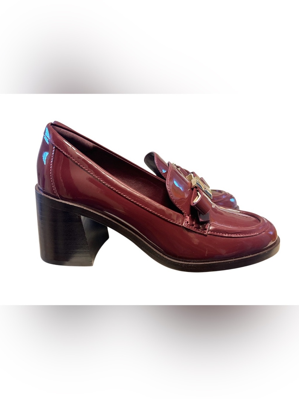 Kate Spade Patent Leather Deco Bow Heeled Loafers Dark Merlot Shoes